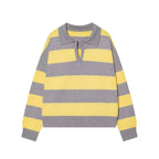 ETJ 2025 Autumn women's new line street style fashion yellow wide stripe polo neck loose version of long-sleeved sweater - Matrix-studios.com
