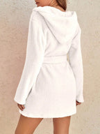 1 piece of women's solid color hooded robe with belt, cozy and warm fleece pajamas for home wear in autumn and winter. - Matrix-studios.com