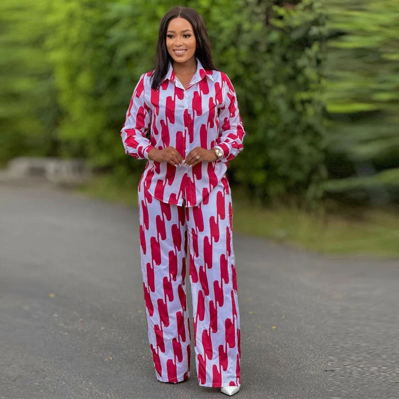 African Fashion Stripe Two Piece Set Women Spring Autumn Casual Button Long Sleeved Shirt Wide Leg Pants Two Piece Set Women - Matrix-studios.com