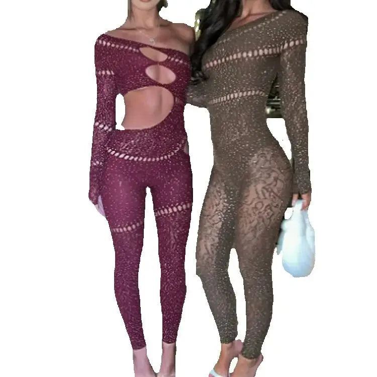 Whatiwear Rhinestones Patchwork Jumpsuit Women Sexy Hollow Skew Collar Single Sleeve Hottie Midnight Club Party Coquett Overalls - Matrix Studios