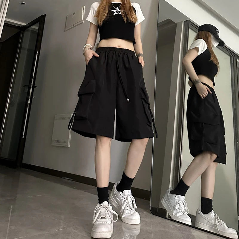 ZOKI Women High Waist Cargo Shorts American Style Streetwear Summer Wide Leg Pants Fashion Female Big Pocket Loose Shorts New - Matrix Studios