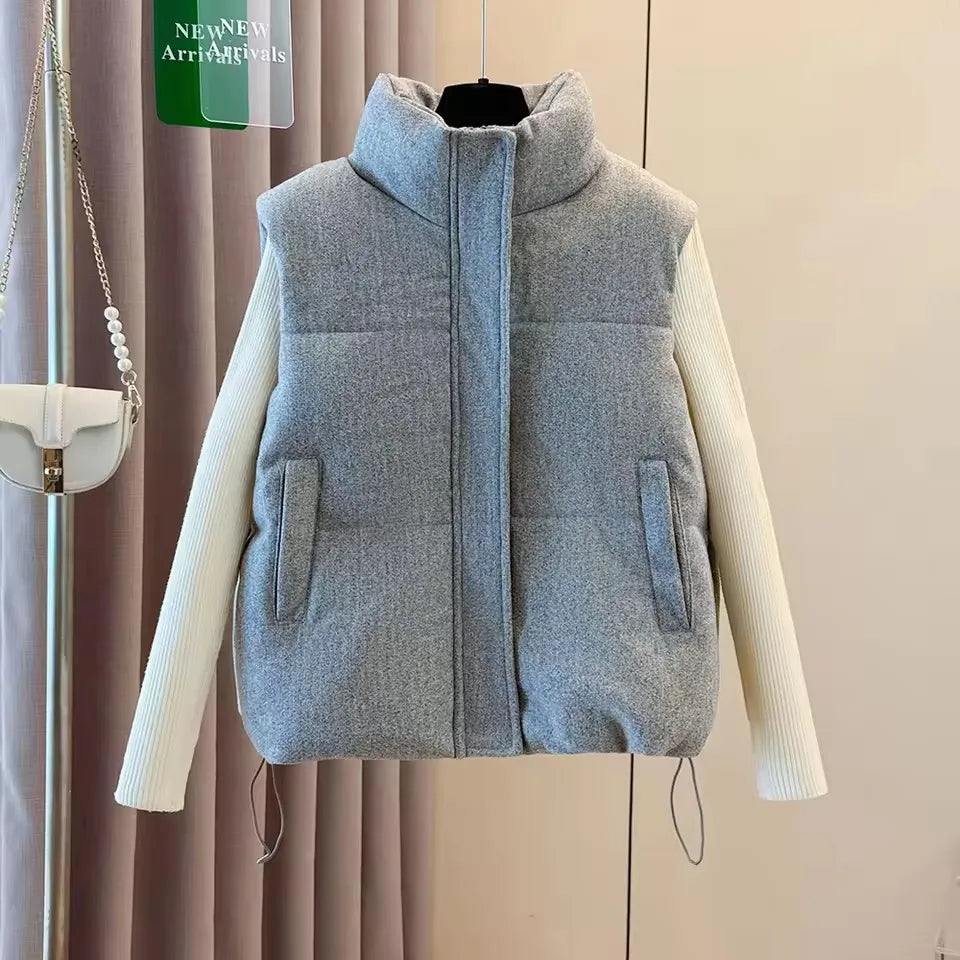 Autumn Winter Gray Cotton Vest Women Thick Warm Sleeveless Coat Outerwear 2025 New Chic Stand-up Collar Cotton Padded Waistcoat - Matrix Studios