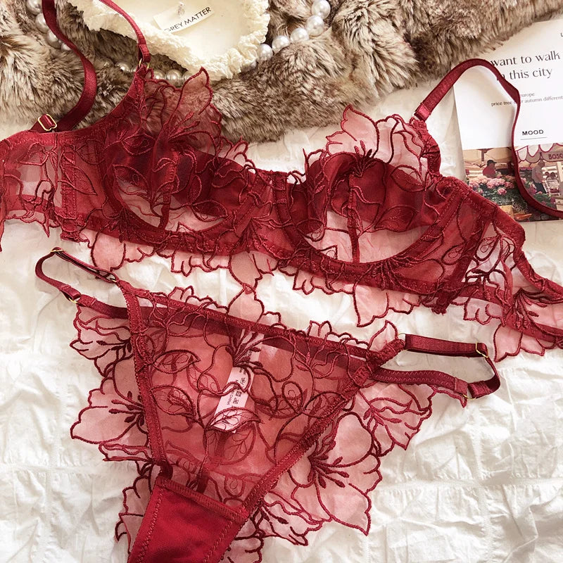 French Underwear Set Sexy Lace Flowers Embroidery Bra Set Women Intimates Summer Ultra Thin Breathable Bralette Lingerie Panties - Matrix-studios.com
