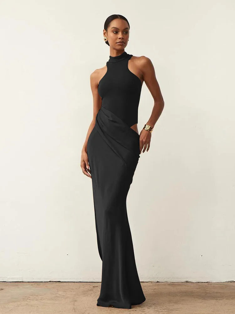 JULISSA MO Satin Sexy Hollow Out Women Maxi Dress Black Sleeveless High Waist Dress Female Autumn Skinny Elegant Party Clubwear - Matrix-studios.com