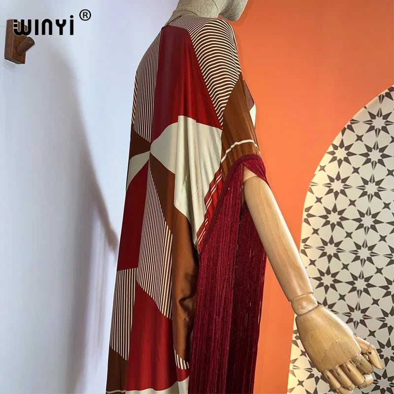 WINYI Kimono Cover-ups Summer Boho Print Bikini Cover-up Elegant Fashion Cardigan Sexy Holiday Long Sleeve Tassels Maxi Dress - Matrix Studios