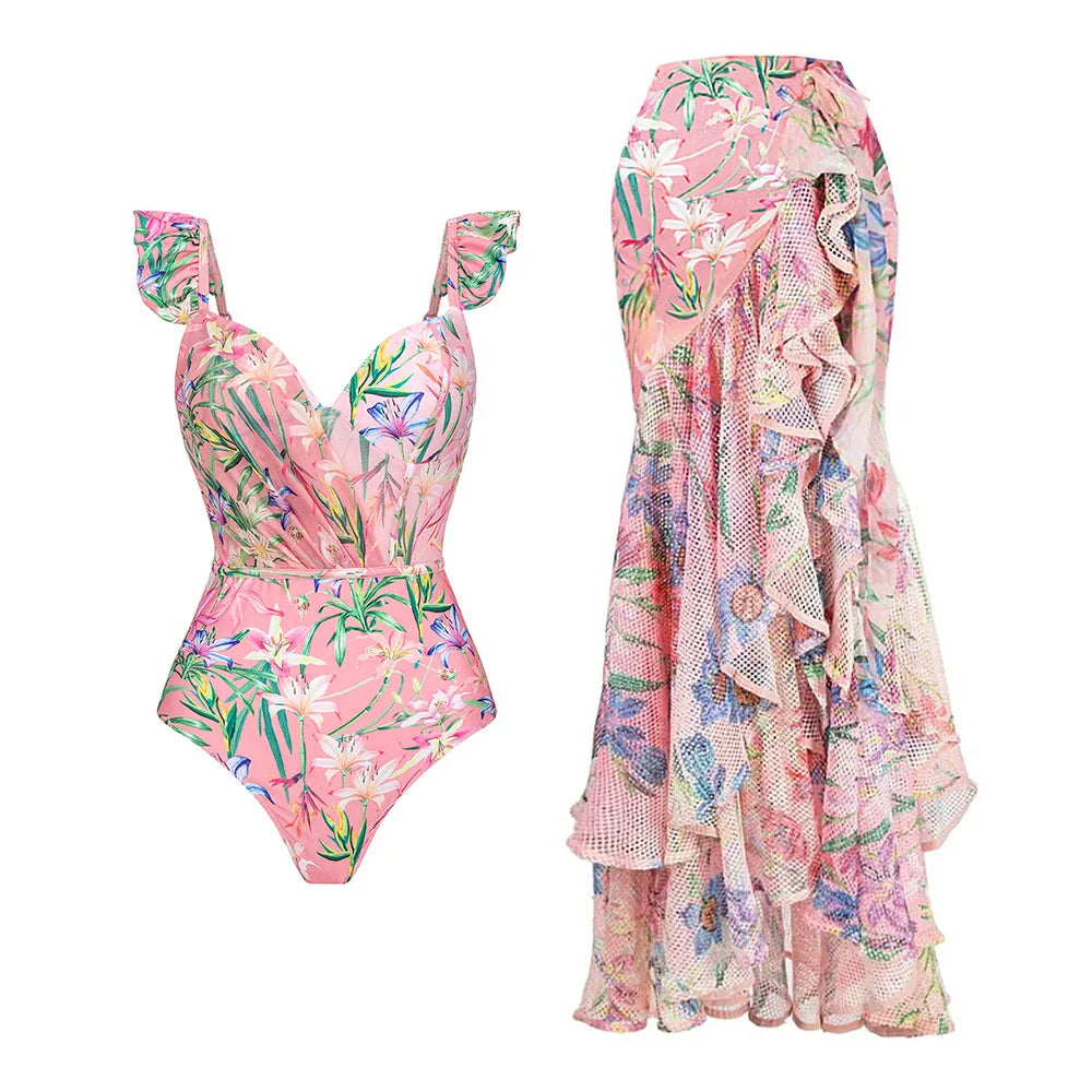 Women Swimwear Summer Floral Printed V-neck Swimsuit One-piece Bodysuit Bikini Set Beach Style Wear Maxi Dress Skirt Vacation - Matrix Studios