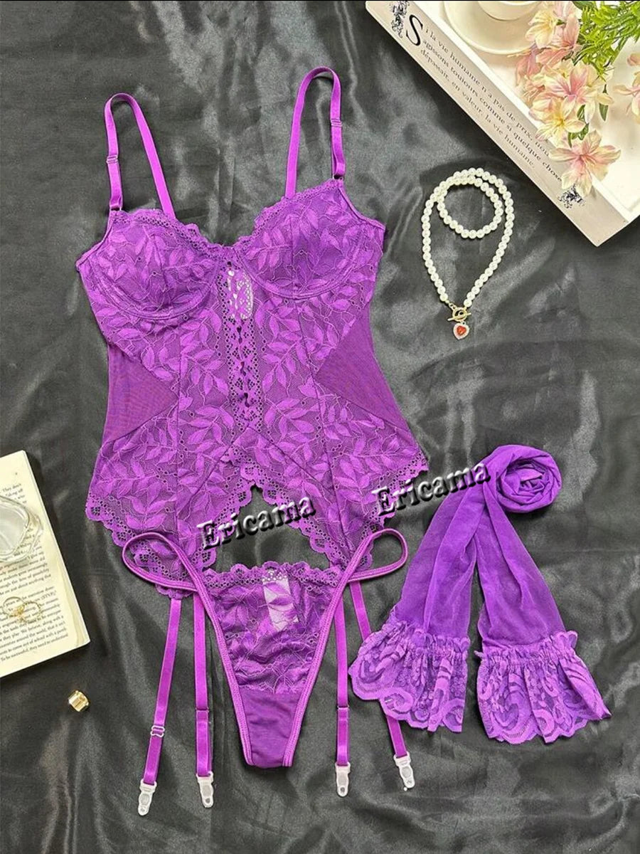Lingerie Fancy Sexy Lace Underwear 3-Piece Transparent Spliced Bra And Panty Set Garter Intimate Sexy Women's Underwear Lingerie - Matrix-studios.com