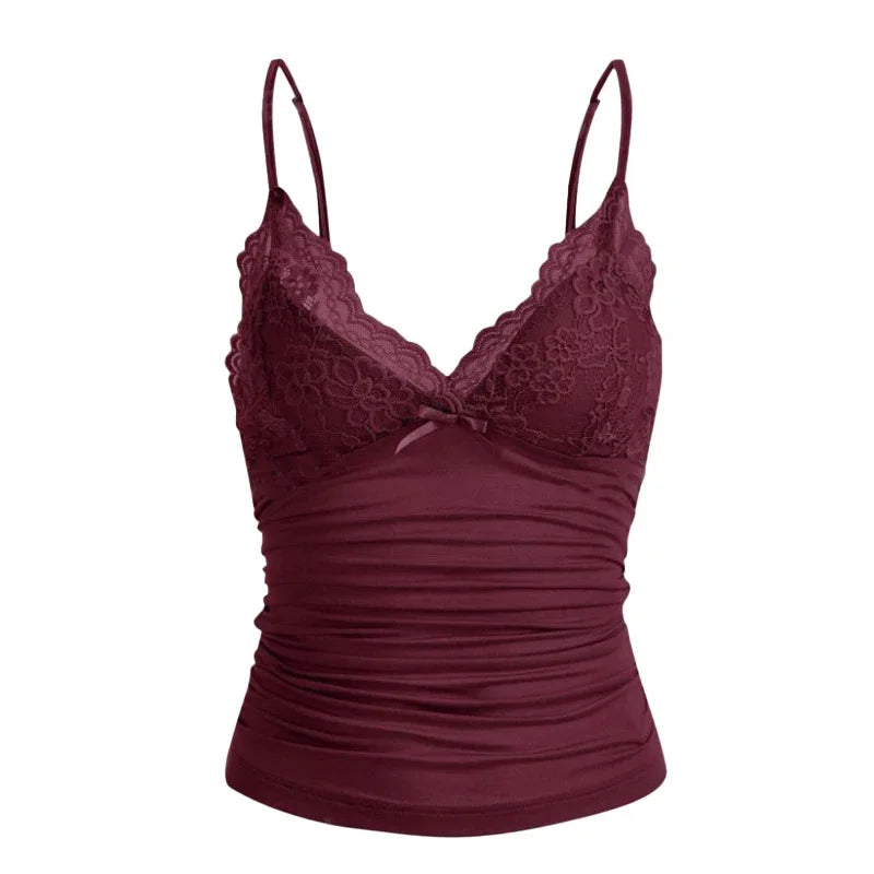 European American style Y2K lace V-neck bow solid color suspender spicy girl sexy low cut vest  slim fit short top traffic 2025 - Matrix-studios.com