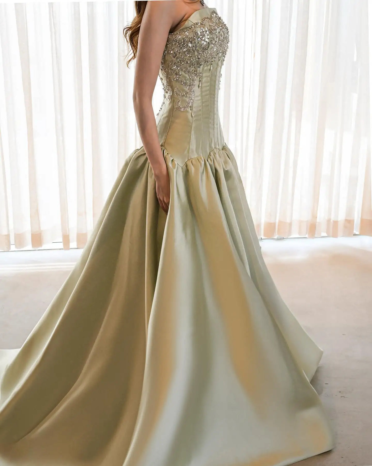 Sansa Customized 2026 Elegant Champagne Gold Strapless Prom Dresses Beaded Corset Satin Ball Gown Formal Evening Gowns Vestidos - Matrix-studios.com
