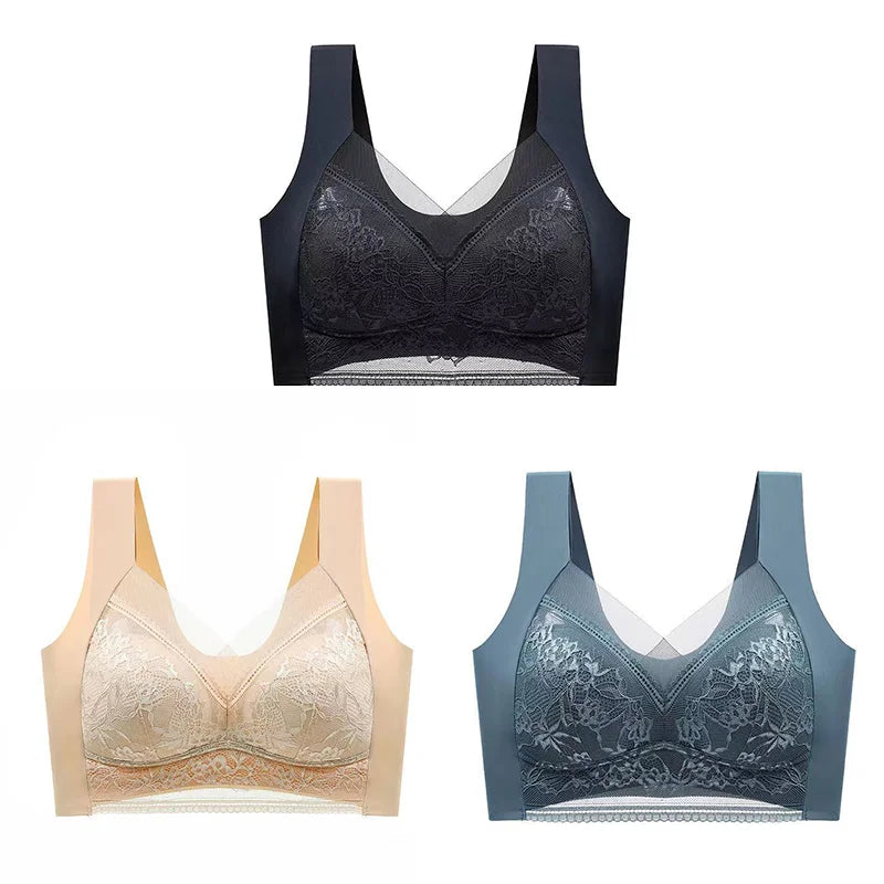 3Pcs Women Lace Bra Perspective Push Up Ice Silk Deep V Bralette Bra Sexy Lingerie Tops Plus Size Cup Mom's underwear L-5XL - Matrix Studios