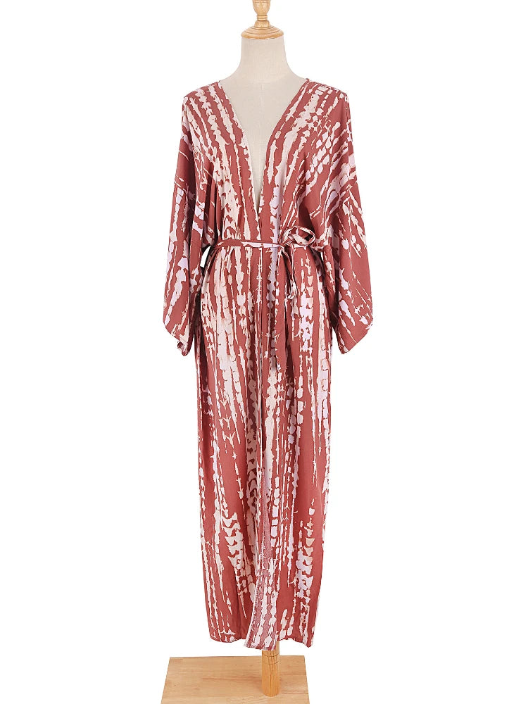 Bikini Cover Up Tie Dye Printed Women Long Beach Kimono Swimsuit Cape 2022 New Summer Beachwear Self Belted Bathing Suit - Matrix Studios