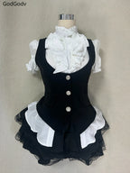 Summer Vintage Elegant Y2K Woman 2 Piece Sets Punk Gothic Strapless Crop Tops +High Waist Ruffle Skirt Female Party Outfits 2025 - Matrix-studios.com
