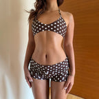 Coquette Retro Brown Polka Dot Tankini For Women Halter String Tie Back Bikini Top Matching Fold Waist Short Beach Swimwear Sets - Matrix-studios.com