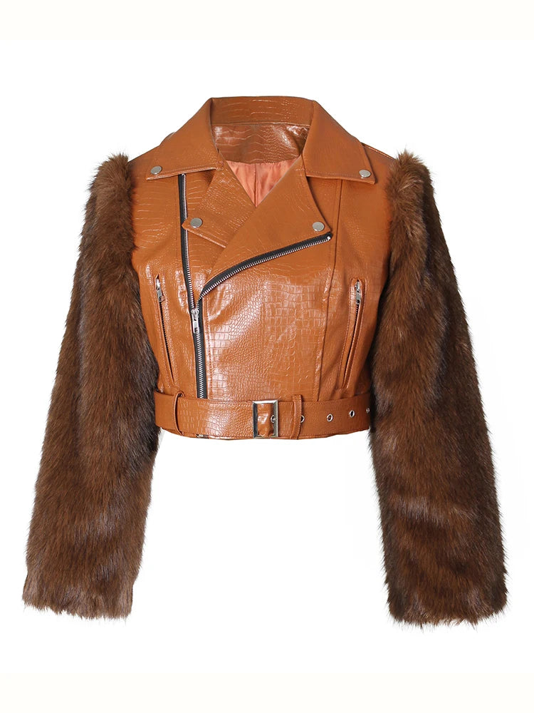 DEAT Fashion Faux Fur Patchwork PU Leather Motorcycle Jacket  Women's Lapel Zipper Sahses Short Jacket Autumn Winter New 7A2267 - Matrix Studios