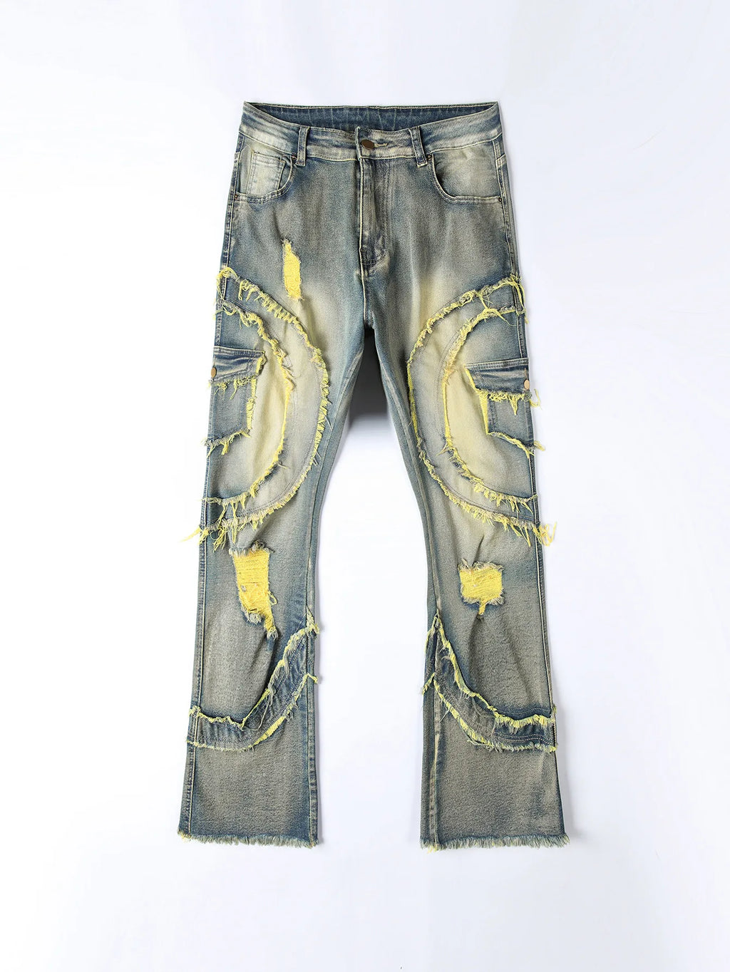 2025 New European and American men's casual jeans, street punk fashion, retro, ripped hole, slightly flared tassel elastic jeans - Matrix Studios