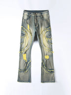 2025 New European and American men's casual jeans, street punk fashion, retro, ripped hole, slightly flared tassel elastic jeans - Matrix Studios
