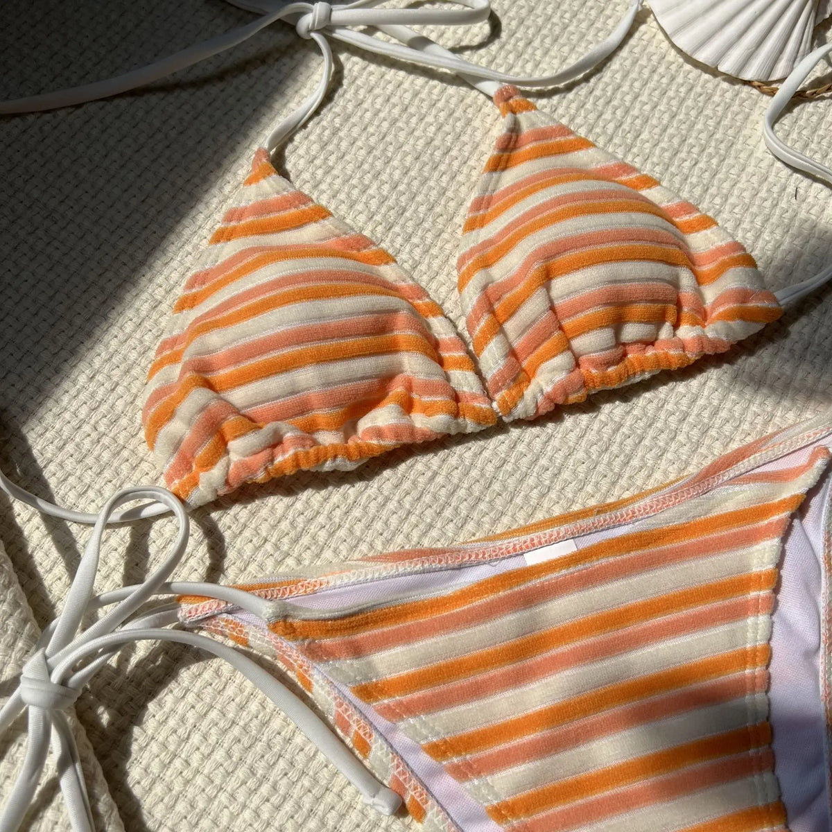 sexy terry cloth striped bikinis sets two pieces halter tie swimsuits Swimwear Biquini conjunto de bikini tankini trikini - Matrix-studios.com