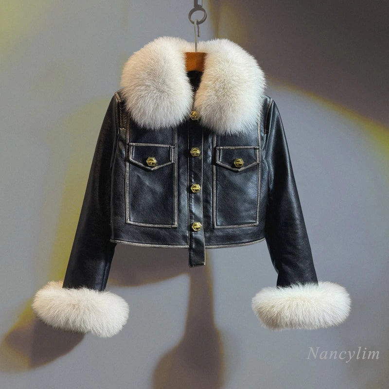 Temperament Black Leather Jacket Women 2026 Winter Real Fox Fur Short High Waist PU Leather Coat Slim-Fitting Coats - Matrix Studios