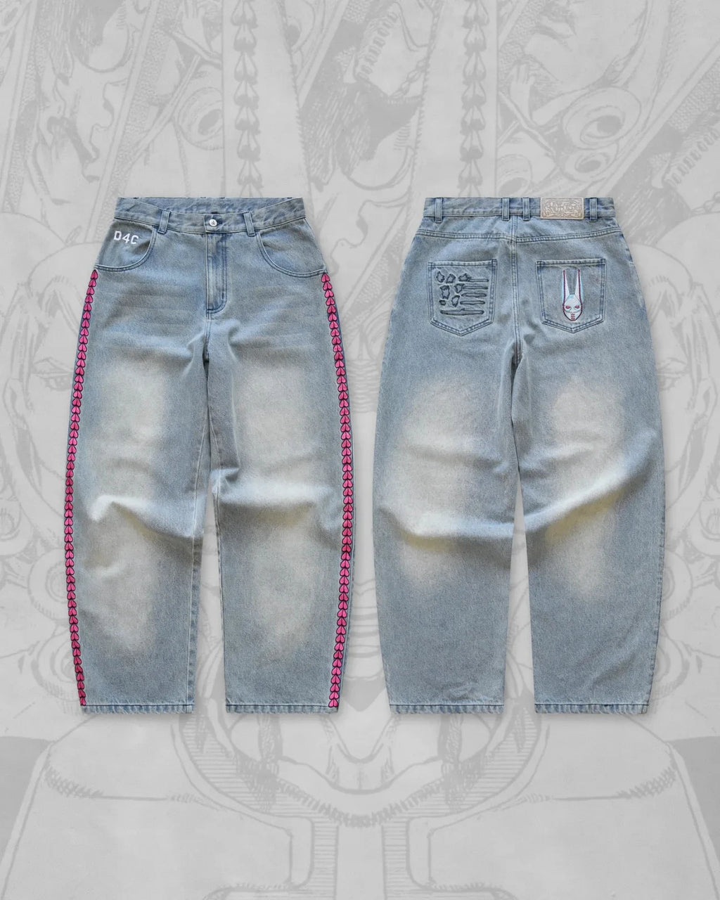 Y2K Men D4C JoJo High Waist Baggy Jeans Women Pink Heart Side Embroidery Loose Fit Washed Denim Pants Streetwear Wide Leg Pants - Matrix Studios
