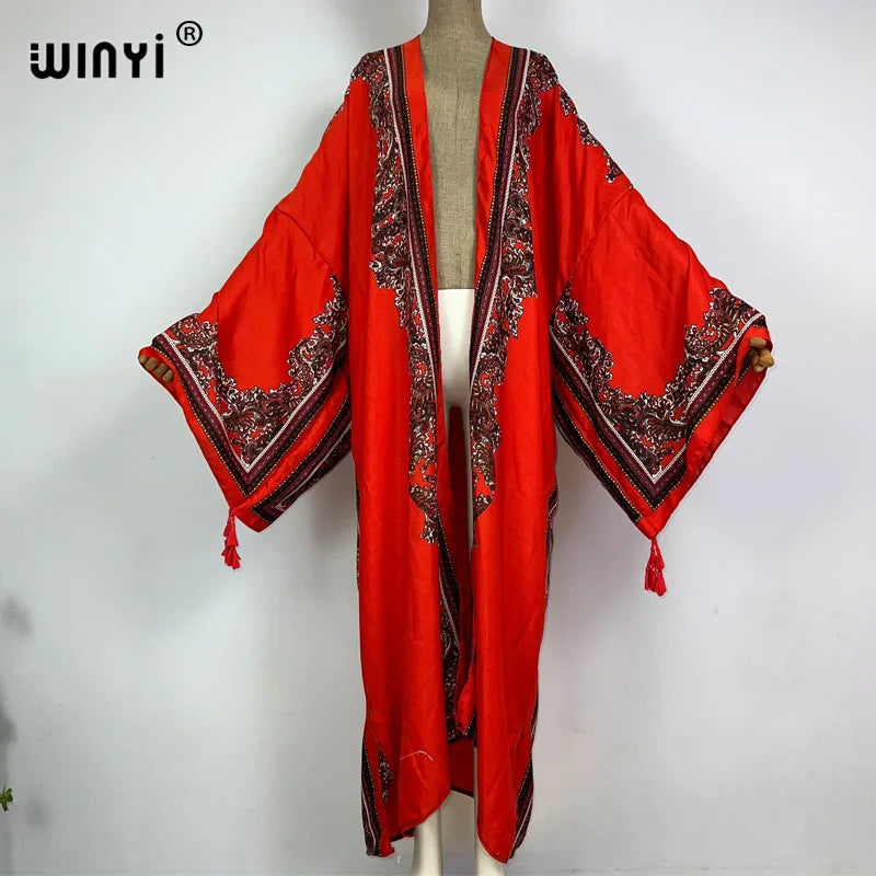 2023 WINYI New Cotton Feeling Bikini Cover-ups Bohemian Print Front Open Long Kimono Kaftan Beach Cover Ups for Swimwear Dresses - Matrix Studios