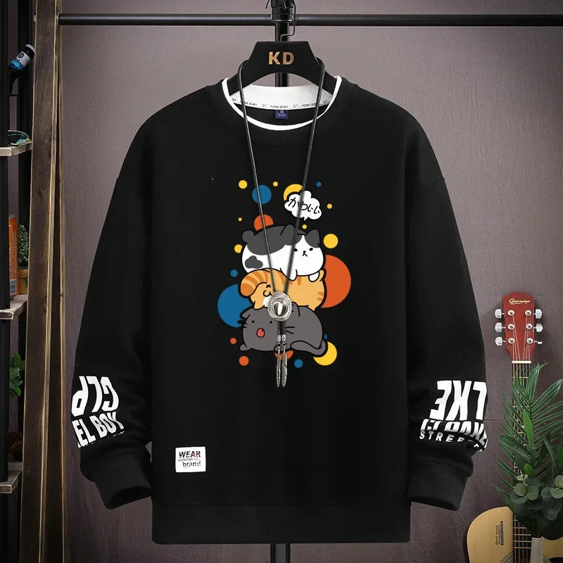 Spring Men's Sweatshirt Japan Cartoon Cats Printed Long Sleeve T-shirt Fashion Men's Clothing Khaki O Neck Harajuku Top 2024 New - Matrix Studios