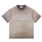 Summer American Street SATOSHI Tshirts Retro Washed Distressed Washed Faded Classic Letter Print Short Sleeve Men Women Tops - Matrix-studios.com