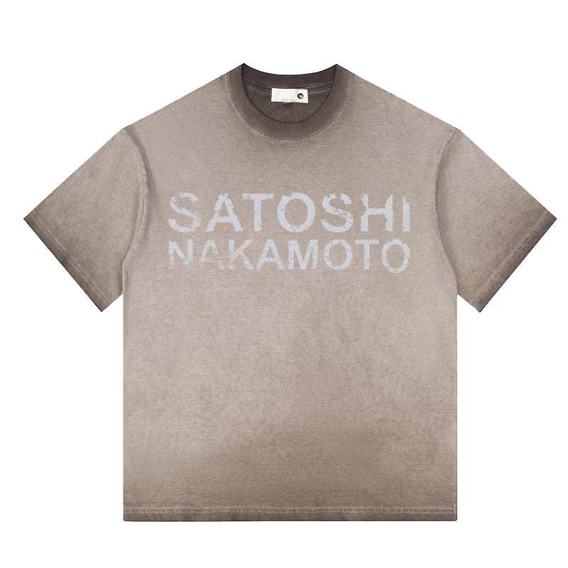Summer American Street SATOSHI Tshirts Retro Washed Distressed Washed Faded Classic Letter Print Short Sleeve Men Women Tops - Matrix-studios.com