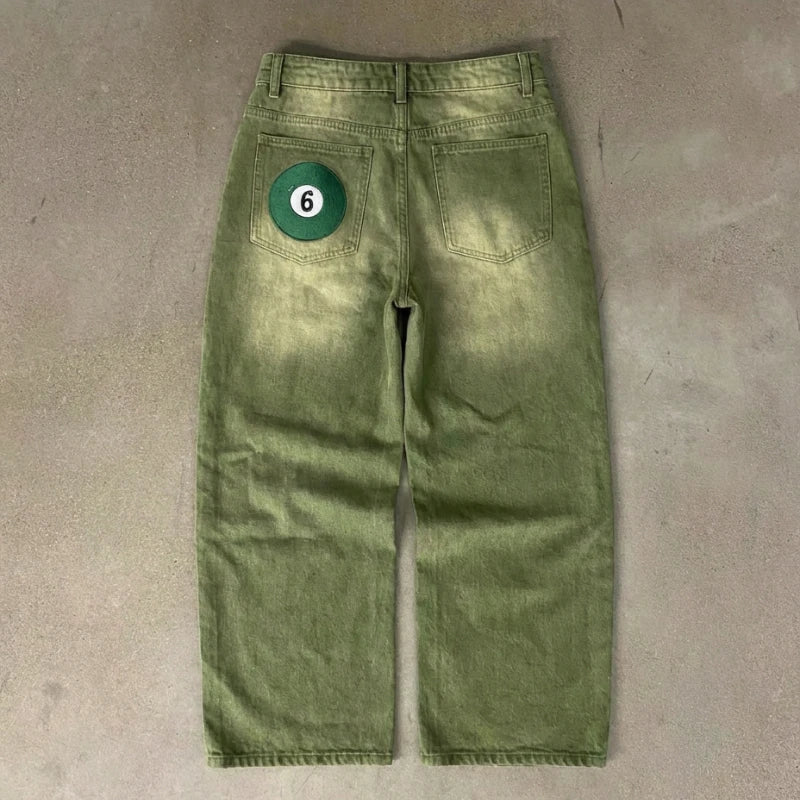 Y2K Street Matcha Denim Jeans Pocket Green 6 Ball Embroidery Denim Pants London High Street Trend Streetwear Unisex Baggy Jeans - Matrix Studios