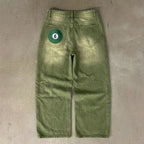 Y2K Street Matcha Denim Jeans Pocket Green 6 Ball Embroidery Denim Pants London High Street Trend Streetwear Unisex Baggy Jeans - Matrix Studios