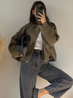 HH Women Brown Green Suede Jacket Loose Casual Bomber Coat Lapel Zipper Long Sleeve Jackets Vintage Lady Motorcycle Outwears - Matrix-studios.com