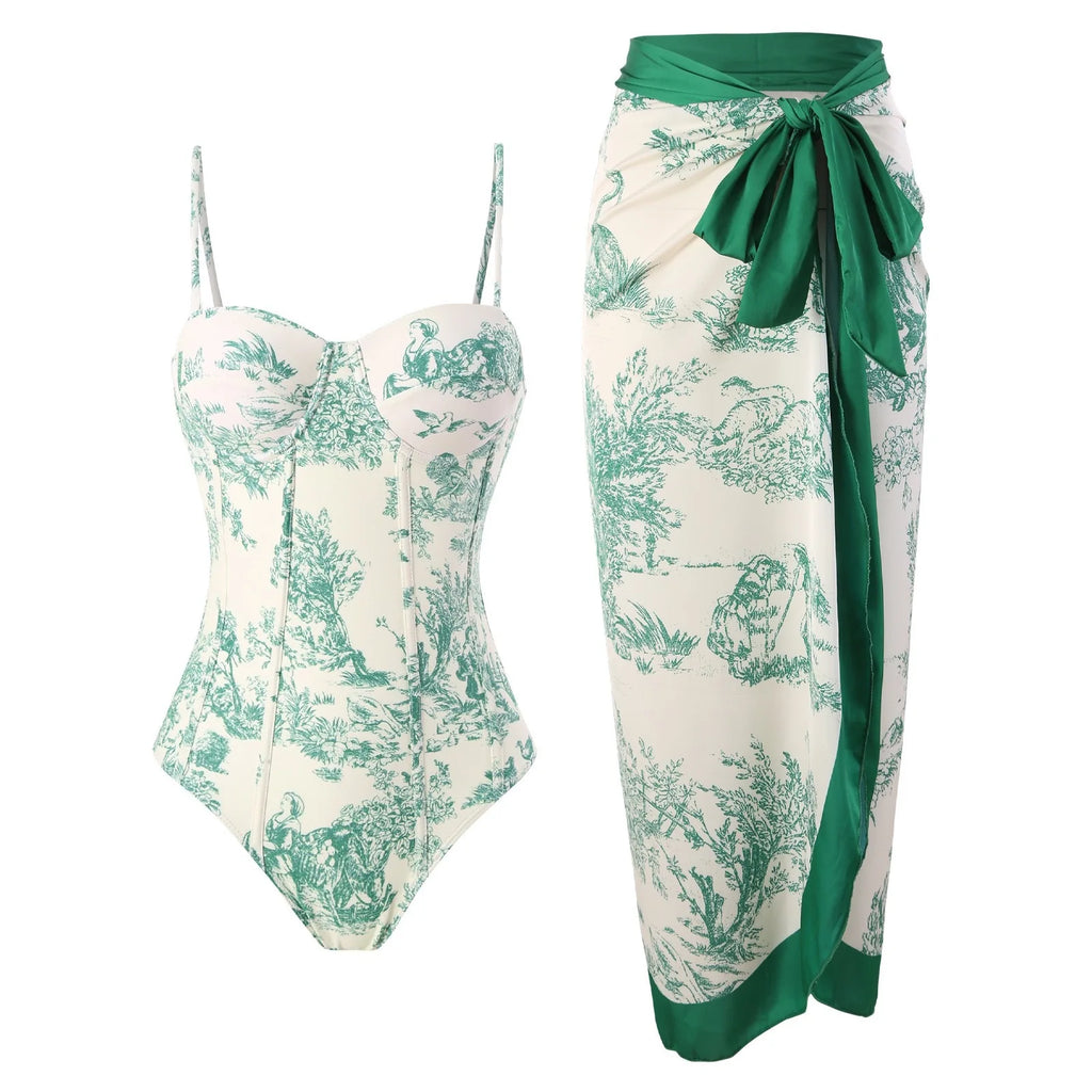 Women Swimwear Swimsuit Two-piece set Summer Print Bodysuit Bikini Set Beach Style Wear Maxi Dress Skirt One-piece swimsuit - Matrix Studios