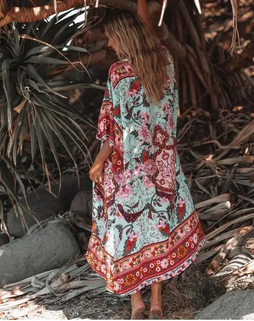 Happie Queens Women Green Peacock Print Bat Sleeve Beach Bohemian Kimono Robe Ladies V Neck  Boho Bikini Cover-ups - Matrix Studios