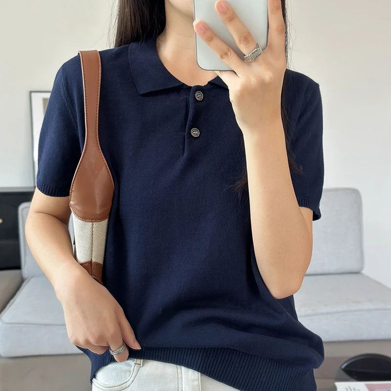 Summer 100% Pure Cotton Women's T-Shirt Casual Solid Color Knitted Pullover Short Sleeved Loose POLO Collar Tees Pull Vest Tops - Matrix-studios.com