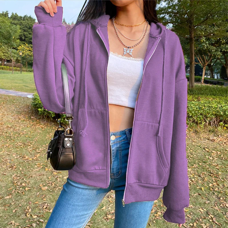 Autumn Fleece Hoodie Solid Color Hooded Korean Fashion Sweatshirts Long Sleeve Top Drawstring Pockets Loose Zipper Black Hoodies - Matrix Studios
