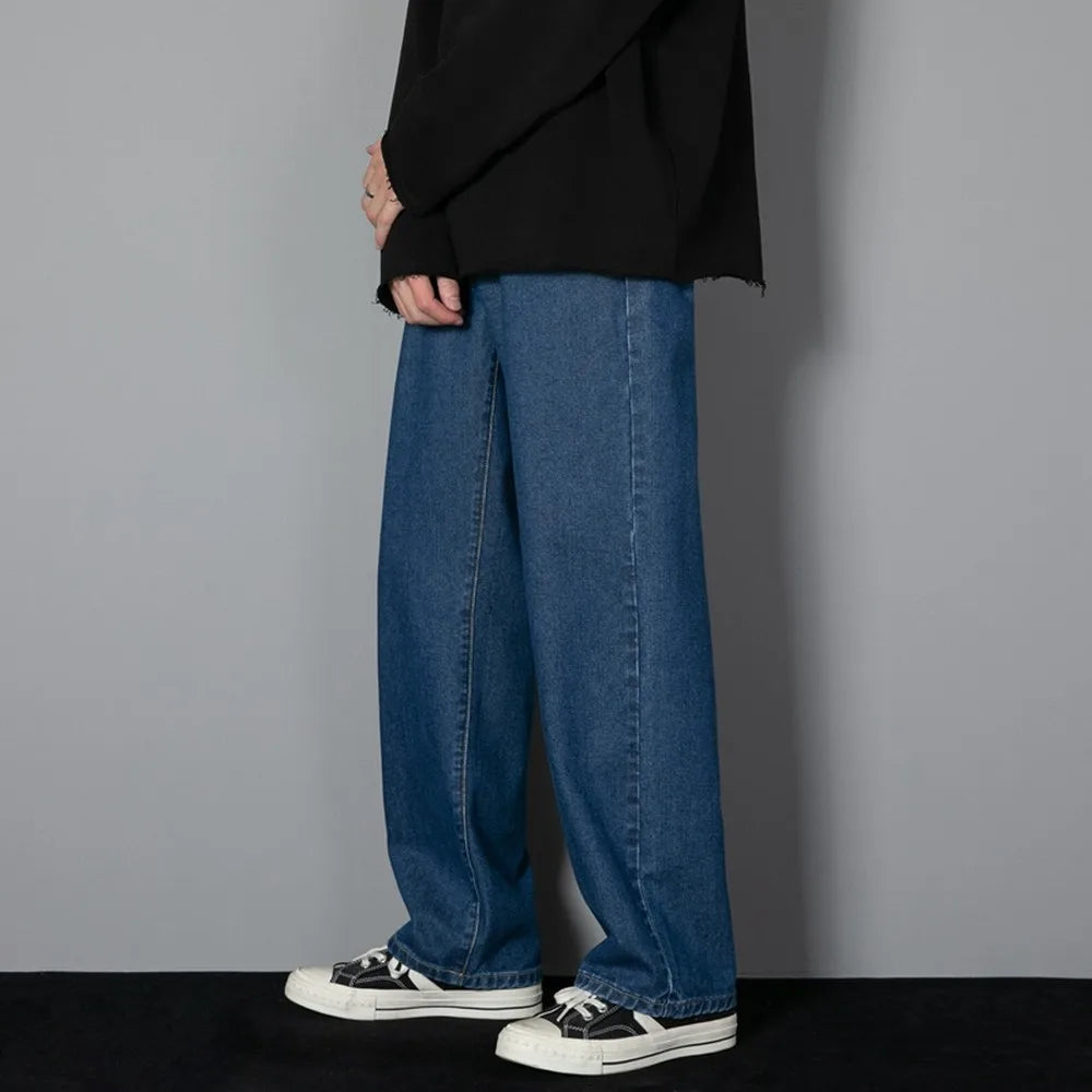 Korean Solid Colors Men's Casual Long Jeans Classic Man Four Seasons Straight Denim Wide-leg Pants Light Blue Grey Black 3XL - Matrix Studios