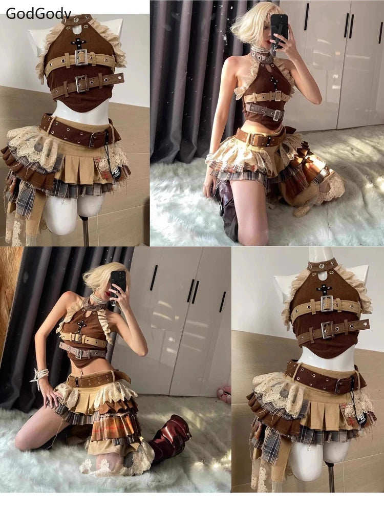 Summer Vintage Elegant Y2K Woman 2 Piece Sets Punk Gothic Strapless Crop Tops +High Waist Ruffle Skirt Female Party Outfits 2025 - Matrix-studios.com