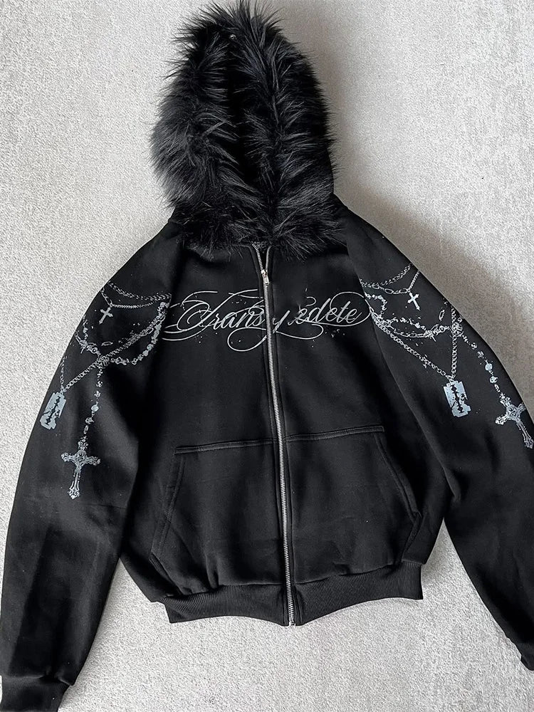 Winter Fashion Streetwear Women's Gothic Punk Faux Fur Hooded Jacket With Cross Print Trendy Edgy Zip - Up Sweatshirt 2026 New - Matrix Studios