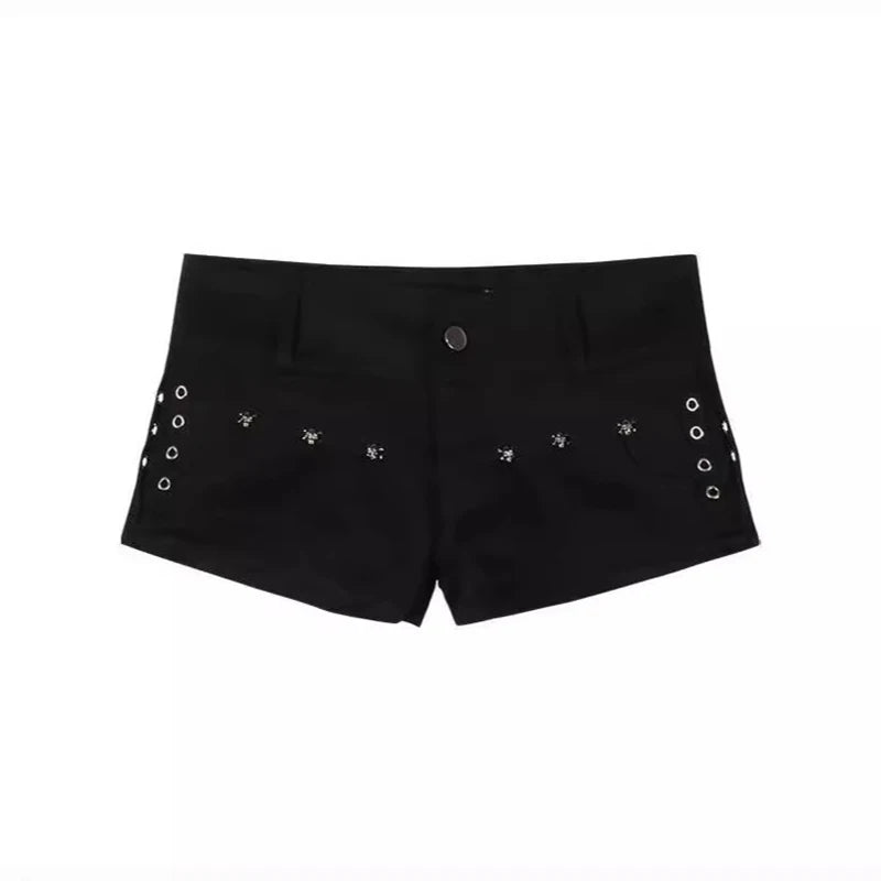 Summer Y2k Sexy Low Waist Mini Denim Shorts Women Vintage Korean Popular Girls Slight Strech Streetwear Gothic Rivet Black Jeans - Matrix-studios.com