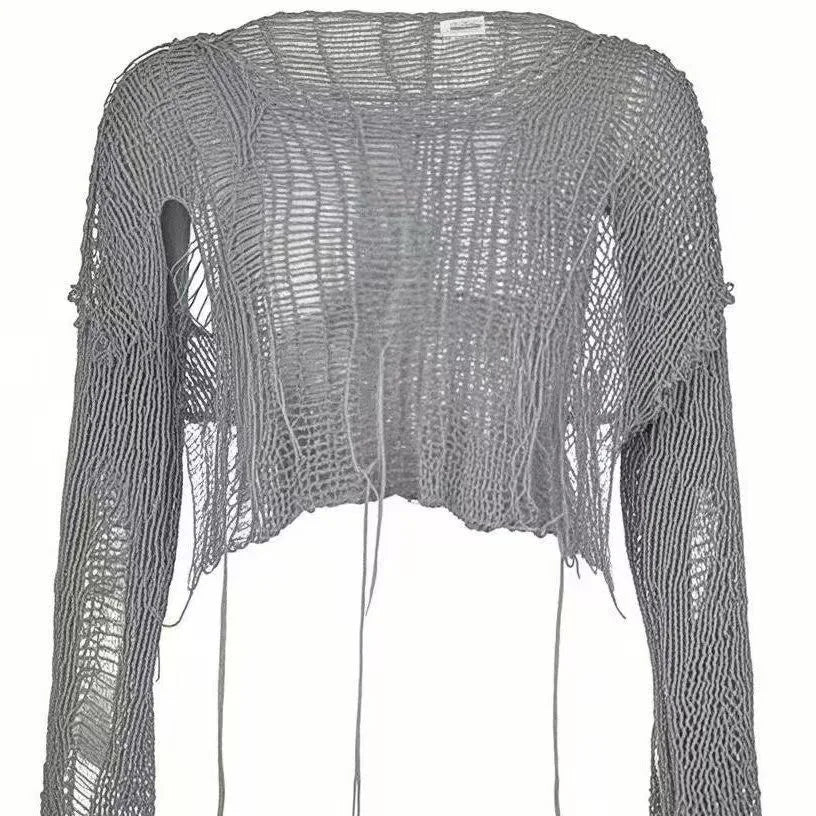 Y2k Cropped Hole Sweater Sexy Gyaru Hollow Out Knit Pullovers Goth Korean Long Sleeve Jumper Summer Fashion Sheer Knitwears Tops - Matrix Studios