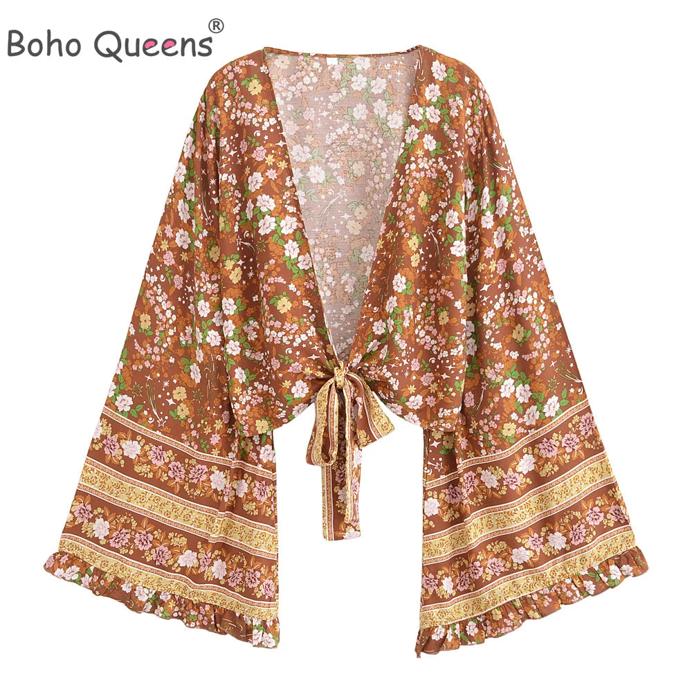 Boho Queens Women Wild Star and Moon Floral Beach Summer Short Kimono Ruffles Flare Sleeve Vacation Bohemian Bikini Cover-ups - Matrix Studios