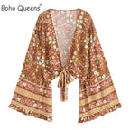 Boho Queens Women Wild Star and Moon Floral Beach Summer Short Kimono Ruffles Flare Sleeve Vacation Bohemian Bikini Cover-ups - Matrix Studios