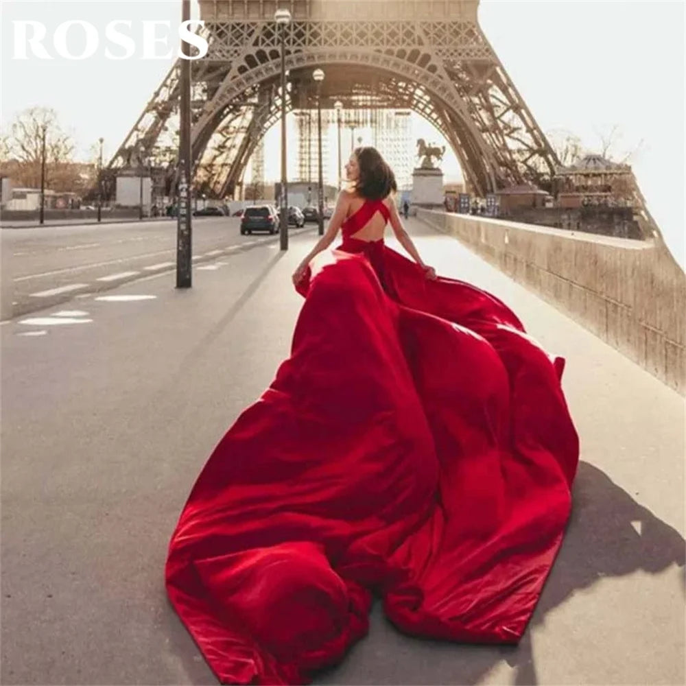 ROSES Red Elegant Stain Prom Dress Sleeveless Formal Gown Backless Trumpet V-Neck Pleats Party Dress for Woman 프롬 드레스 Customized - Matrix-studios.com