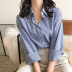 Classic Striped Woman Spring Autumn Blouses Shirt Lady Long Lantern Sleeve Stand Collar Loose Blusas Tops - Matrix-studios.com