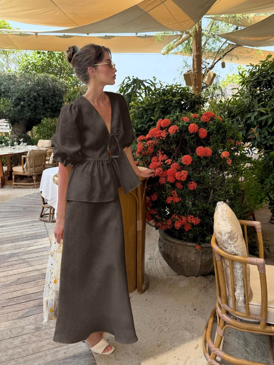 Bornladies 2025 Summer Women's 100% Cotton V-Neck Lace-Up Bubble Sleeve Shirt  Long Skirt Set Loose Casual Two-Piece Suit - Matrix-studios.com