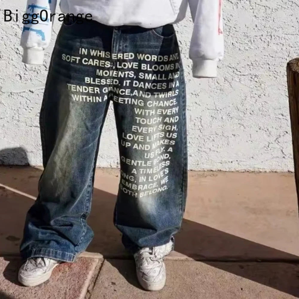 2025 American Fashion Jeans Letter Printing Pattern High Street Casual Wide Legs Y2K Men's Retro Gothic Trendy Casual Pants - Matrix Studios