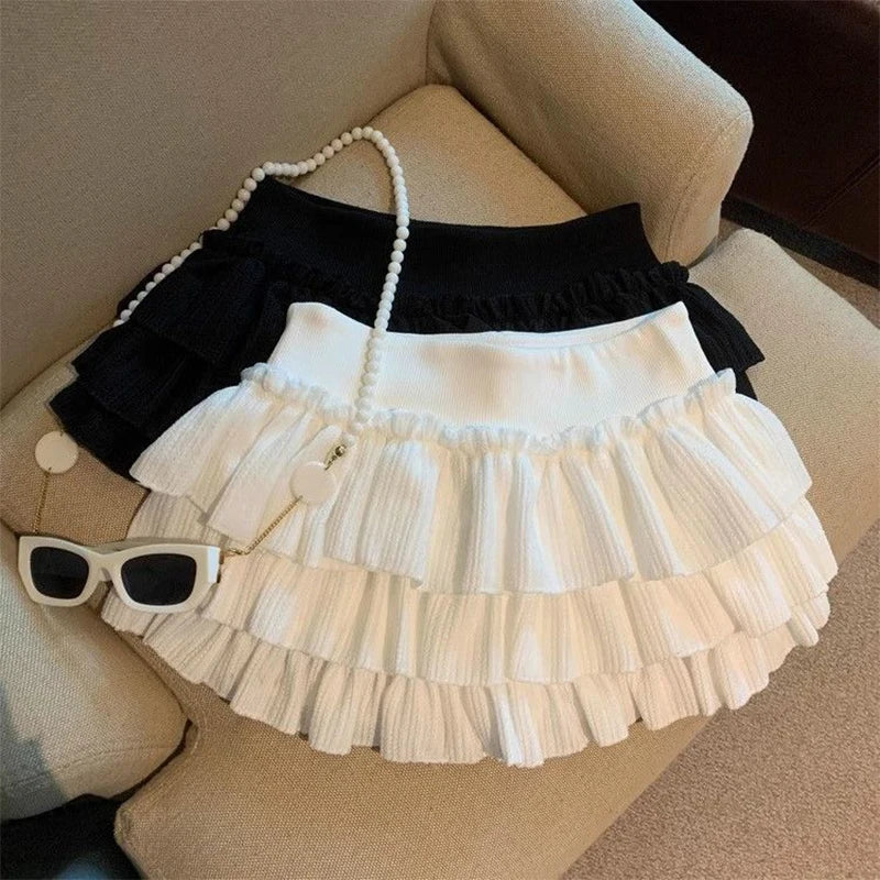 Sweet Puffy Cake Women Skirts Korean Fashion Ruched Ruffle Mini Skirt Campus Harajuku Casual Versatile Elastic Waist Solid Skirt - Matrix-studios.com