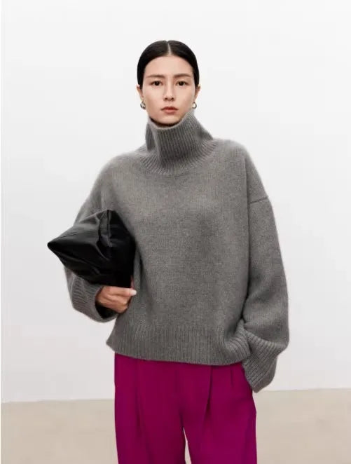 Thickened turtleneck 100% pure cashmere sweater women's loose lazy knit silhouette sweater European products - Matrix Studios