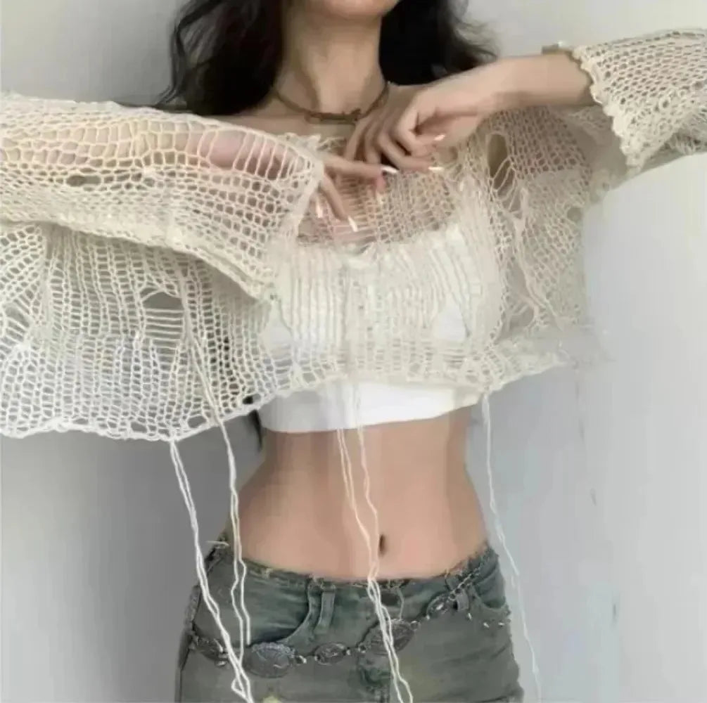 Y2k Cropped Hole Sweater Sexy Gyaru Hollow Out Knit Pullovers Goth Korean Long Sleeve Jumper Summer Fashion Sheer Knitwears Tops - Matrix Studios