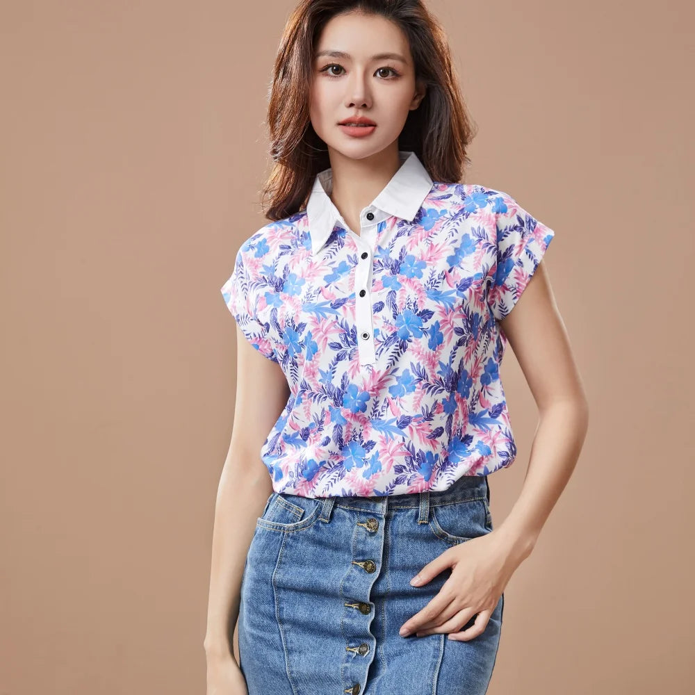 Women Spring Summer Style Chiffon Blouses Shirt Lady Casual Short Sleeve Turn-down Collar Printed Casual Loose Tops DF3548 - Matrix-studios.com