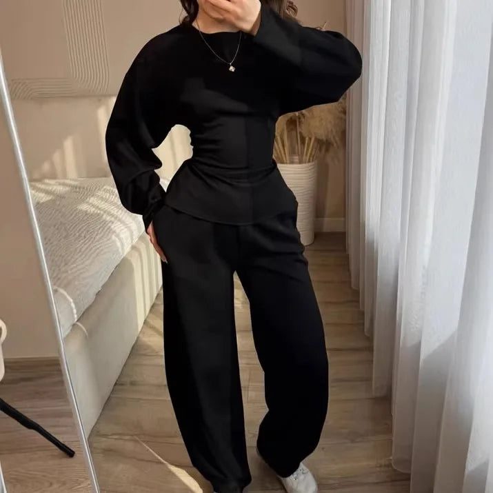 Zekye Women's Matching Sets Crew Neck Long Sleeve Simple Top Slim Trend Wide Leg Pants Set Women's Tracksuit 2026 Femme - Matrix-studios.com